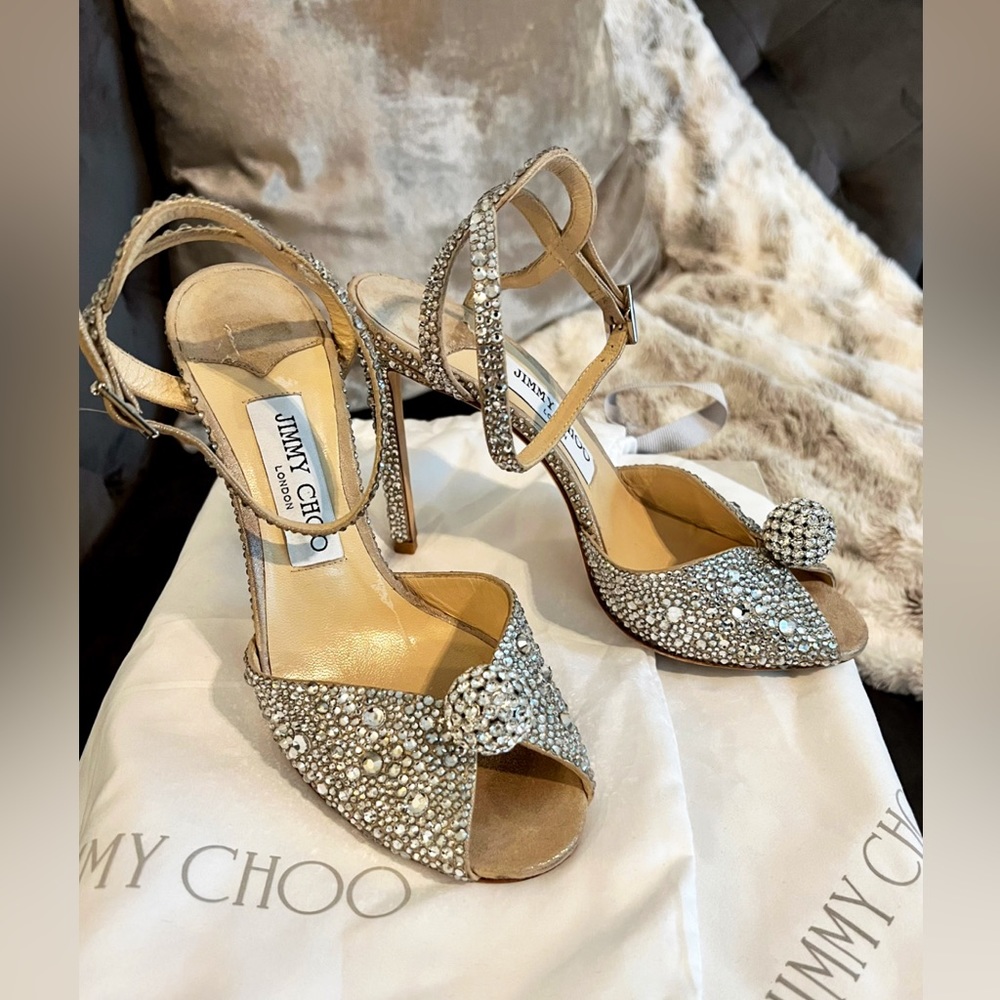 Jimmy Choo Sacora Peep-Toe Crystal-Embellished Leather Sandal heels